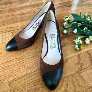 Salvatore Ferragamo Vintage Brown & Black Cap Toe Leather Pumps Size 7 Italy